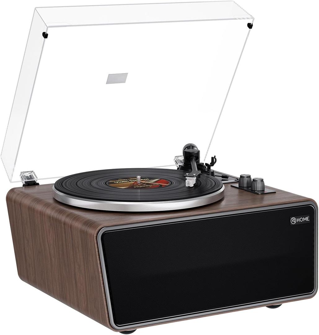 All in One Vinyl Record Player,Bluetooth Turntable Built in 4 Stereo Speakers Phono Preamp,High Fidelity Turntables for Vinyl Records with Magnetic Cartridge AT-3600L,2-Speed,33/45RPM,USB PC Recording (Black Walnut Wood)