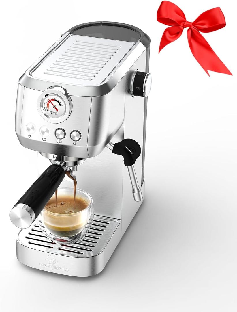 MAttinata CM1663 Espresso Machine, 20 Bar Compact Coffee Maker with Milk Frother Steam Wand for Cappuccino, Latte, Professional Pressure Gauge & 49oz Removable Water Tank for HomeStainless Steel (Silver-Q)