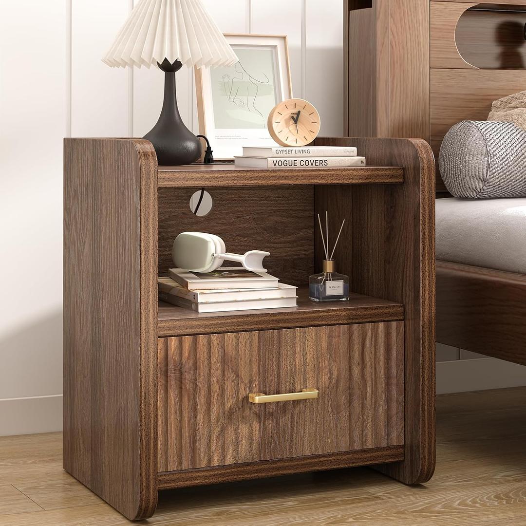 Curlaky Night Stand Fluted Nightstand with Drawers, Wood Bedside Table End Tables, Large Storage Nightstands, Mid Century Modern Night Stands for Bedroom, Walnut, 20"W x 15.4"D x 23.6"H