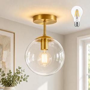 8 Inch Gold Semi Flush Mount Ceiling Light Fixture Clear Glass Globe Ceiling Light Fixture Modern Hallway Light Fixtures Mid Century Ceiling Light Brass Finish for Entryway Bedroom (Bulb Incl.), D8" * H14"
