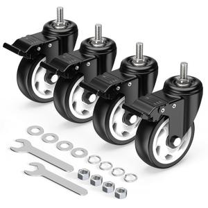 HOLKIE Caster Wheels 4 inch Total Locking Stem Casters, 3/8" -16 x 1 (Stem Diameter 3/8", Stem Length 1") Threaded Stem Casters Swivel Casters Set of 4 Heavy Duty Castors Black (Black-With Brake-4 pack)
