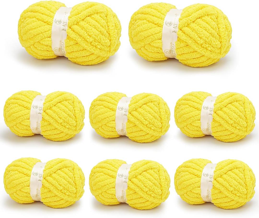 Chunky Yarn for Hand Knitting, Chunky Chenille Blanket Yarn for Crocheting, Bulky Soft Fluffy Chenille for Blanket Project, 8 Pack of 8oz/25yds, Vibrant Yellow