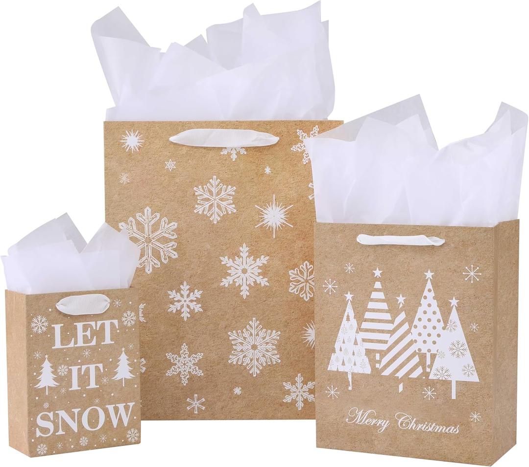 SUNCOLOR Christmas Gift Bags Assorted Sizes with Tissue Paper, 9 Pack Kraft Paper Bags in 3 Sizes, Brown and White Snowflake Design, Let It Snow Theme Holiday Gift Bags
