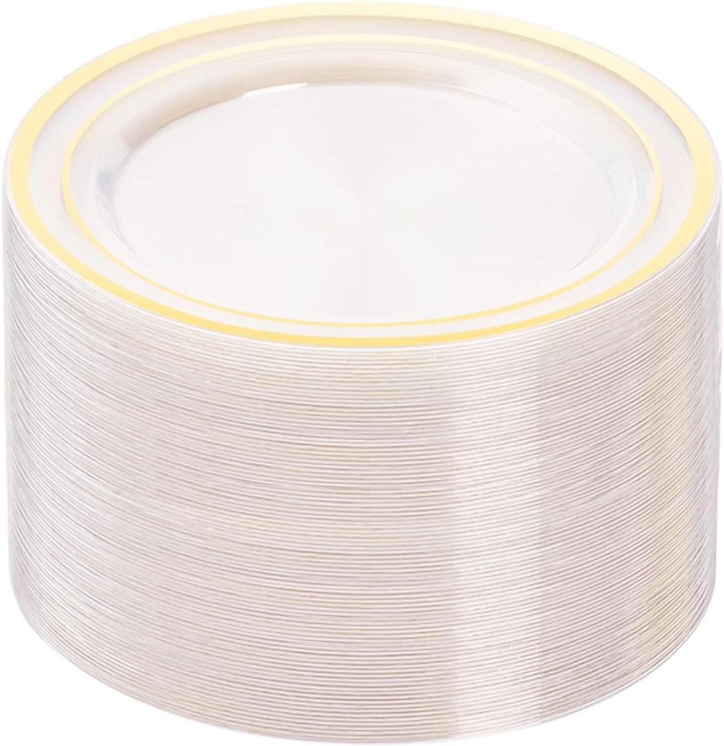 Pack of 100 Clear Plastic Plates, 10.25 Inch Disposable Dinner Plate Party with Gold Rim, Heavy Duty Disposable Plastic Plates for Party, Wedding and Birthday