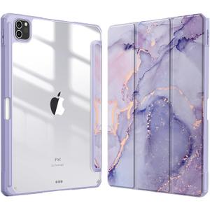 Fintie Hybrid Slim Case for iPad Pro 11-inch (4th / 3rd Generation) 2022/2021 - [Built-in Pencil Holder] Shockproof Cover w/Clear Transparent Back Shell, Also Fit iPad Pro 11" 2nd Gen, Lilac Marble