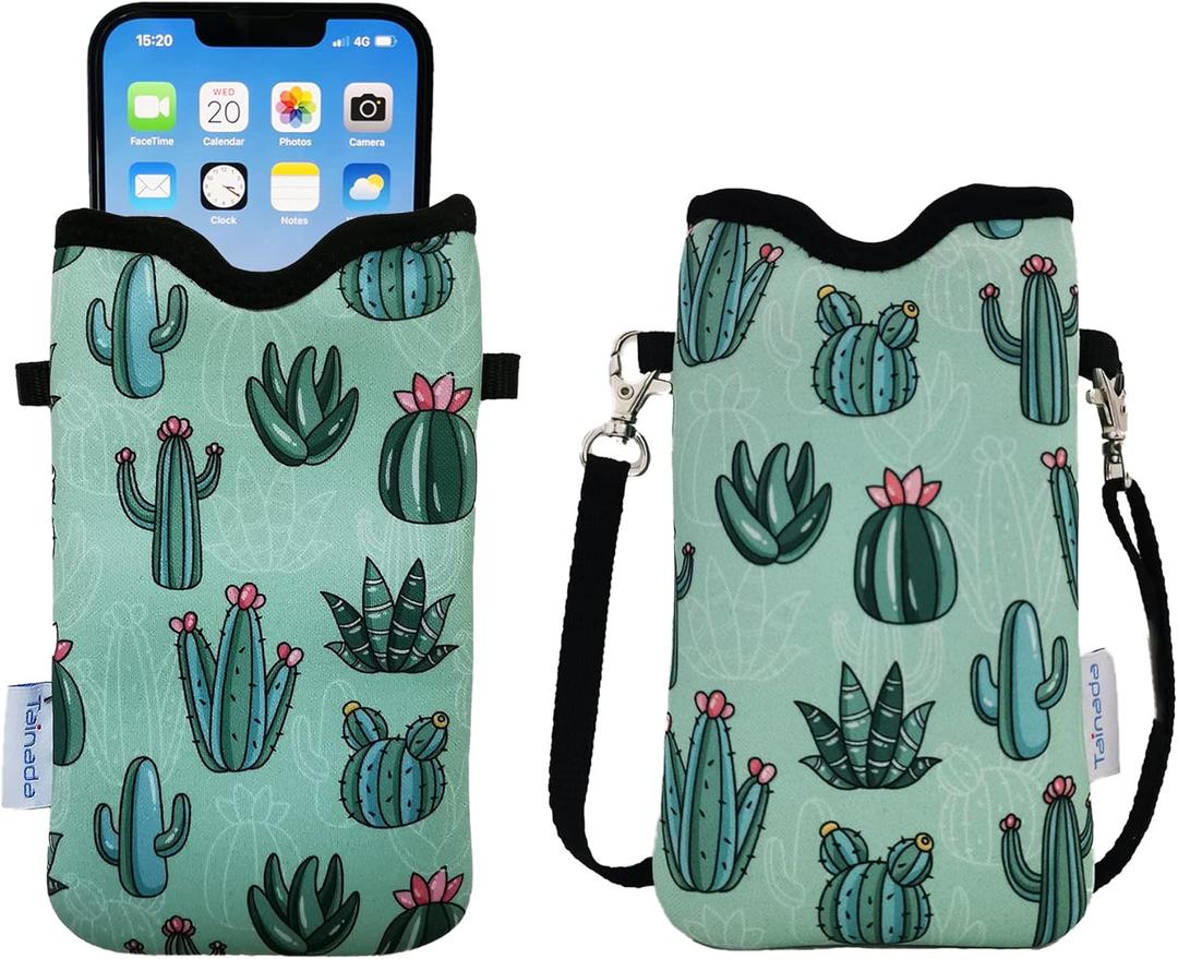 Tainada Men Women Neoprene Phone Sleeve Pouch Case Bag with Crossbody Strap/ Neck Lanyard for iPhone 15/ 14 Pro Max, 15/ 14/ 13 Plus, Samsung S24+, S24, S23+, A54, Z Fold5 (Cactus Pattern Green)