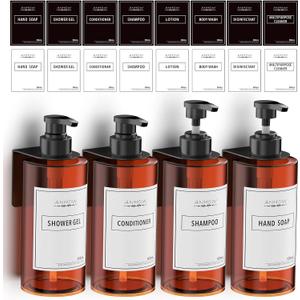 Shampoo and Conditioner Dispenser (Set of 4/16.9oz), No Drill Soap Dispenser Wall Mount Refillable Body Wash Dispenser with Category Labels for Kitchen Bathroom - Amber