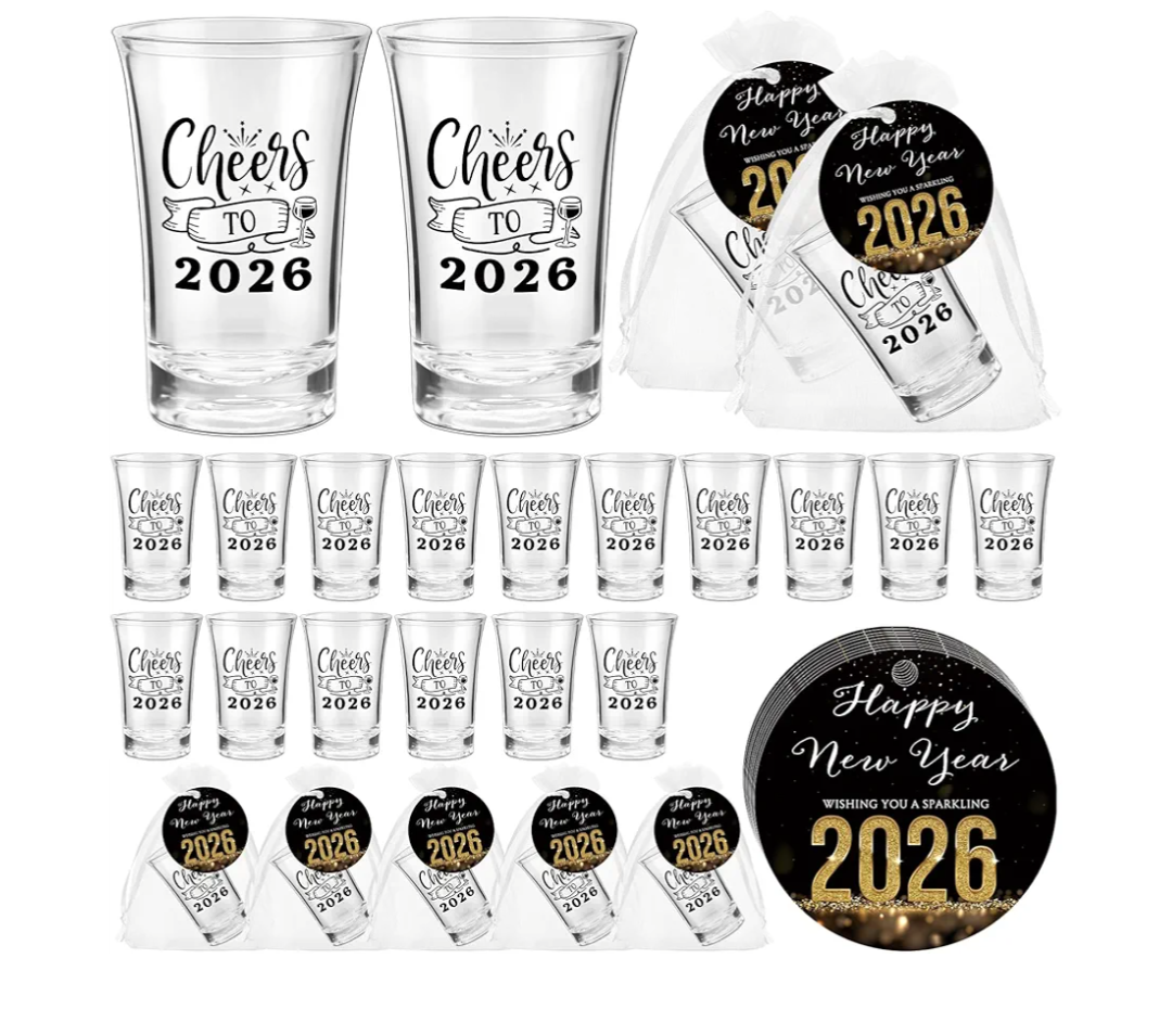 36 Sets Happy New Years Party Favors Include Cheer to 2026 Acrylic Clear Shot Glasses with Happy New Year Cards and Gift Bags Drinking Cups for 2026 Party Supplies