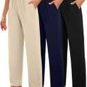 Huukeay 3 Pack Women's Lounge Pants, Cozy Wide Leg Lounge Slacks with Pockets Loose Flowy Yoga Sweatpant Workout Comfy Jogger, M