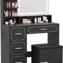 Hogxp Vanity Table with LED Mirror & Power Outlet - 5 Open Shelves, 4 Drawers - Includes Padded Stool - Ideal Bedroom Makeup Dressing Table Black