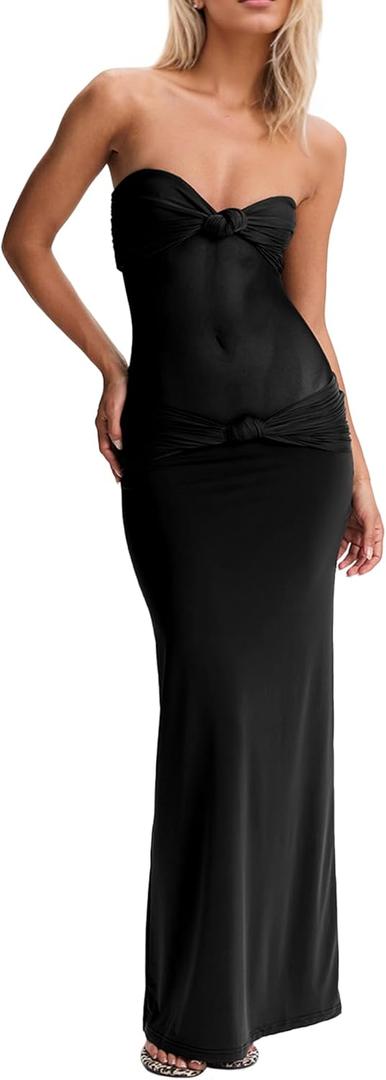 Womens Maxi Dress Removable Spaghetti Straps Knotted Twist Sweetheart See Through Night Club Party Cocktail Bodycon Dress (X-Small Tall, Black)