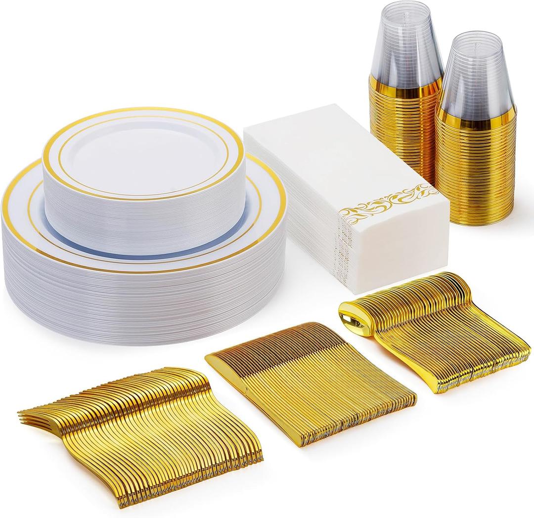 Goodluck 175 Pieces Gold Dinnerware Set for 25 Guests, Plastic Plates Disposable for Party, Include: 25 Dinner Plates, 25 Dessert Plates, 25 Paper Napkins, 25 Cups, 25 Gold Silverware Set