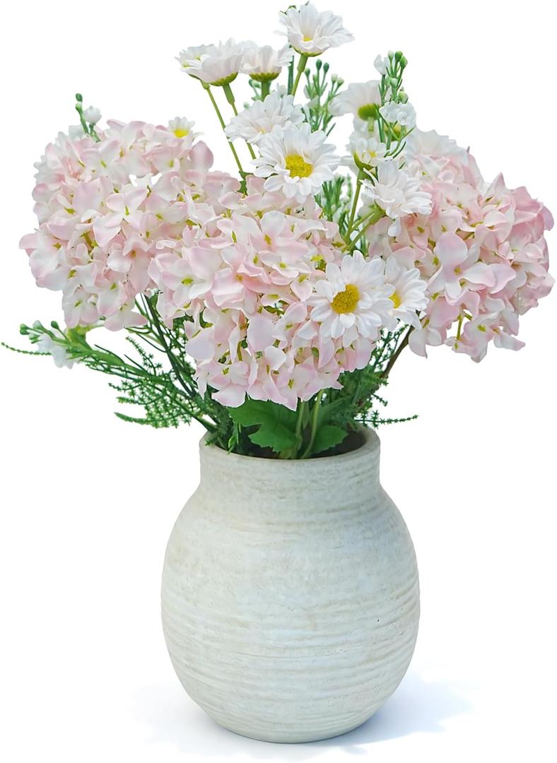 Jahe Faux Hydrangea Flowers Fenterpieces for Tables, Hydrangea Artificial Flowers Mixed Potted Plant, Fake Daisy Mixed Bouquet with Pot, Living Room, Bathroom, Balcony, Light Pink