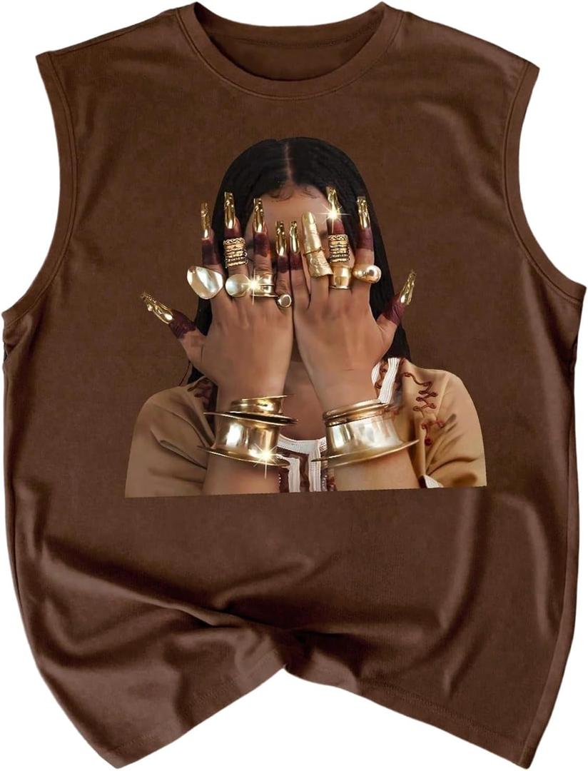 Retro Graphic Tank Top for Men Crew Neck Summer Sleeveless Tops Hippop Streetwear (Large, Chocolate Brown)