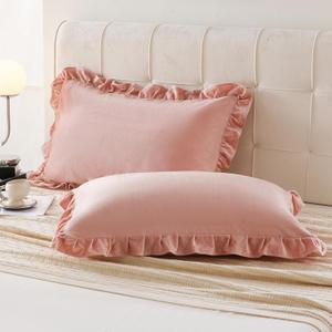 MOVE OVER Pink Ruffle Pillow Cases Pink Velvet Pillow Cases 20x30 Inches Standard Size Boho Pillow Case Cover Soft and Luxurious Blush Pink Pillowcases with Pocket Closure
