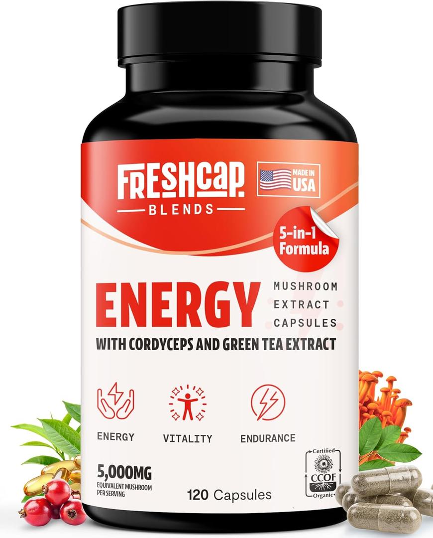 FreshCap 5-in-1 Energy Supplements, Energy Supplements for Women and Men, Energy Boosters for Fatigue, Energy Support, Cordyceps Extract, Ayurveda Cordyceps Mushroom Blend Capsules (120 Capsules), Best By 07/2025
