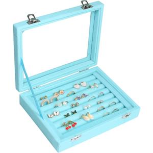Vicoter Rings Organizer Tray 7 Slots Velvet Jewelry Earring Storage Box with Transparent lLd Jewelry Display Case for Girls Wife Mom Women (Light Blue)