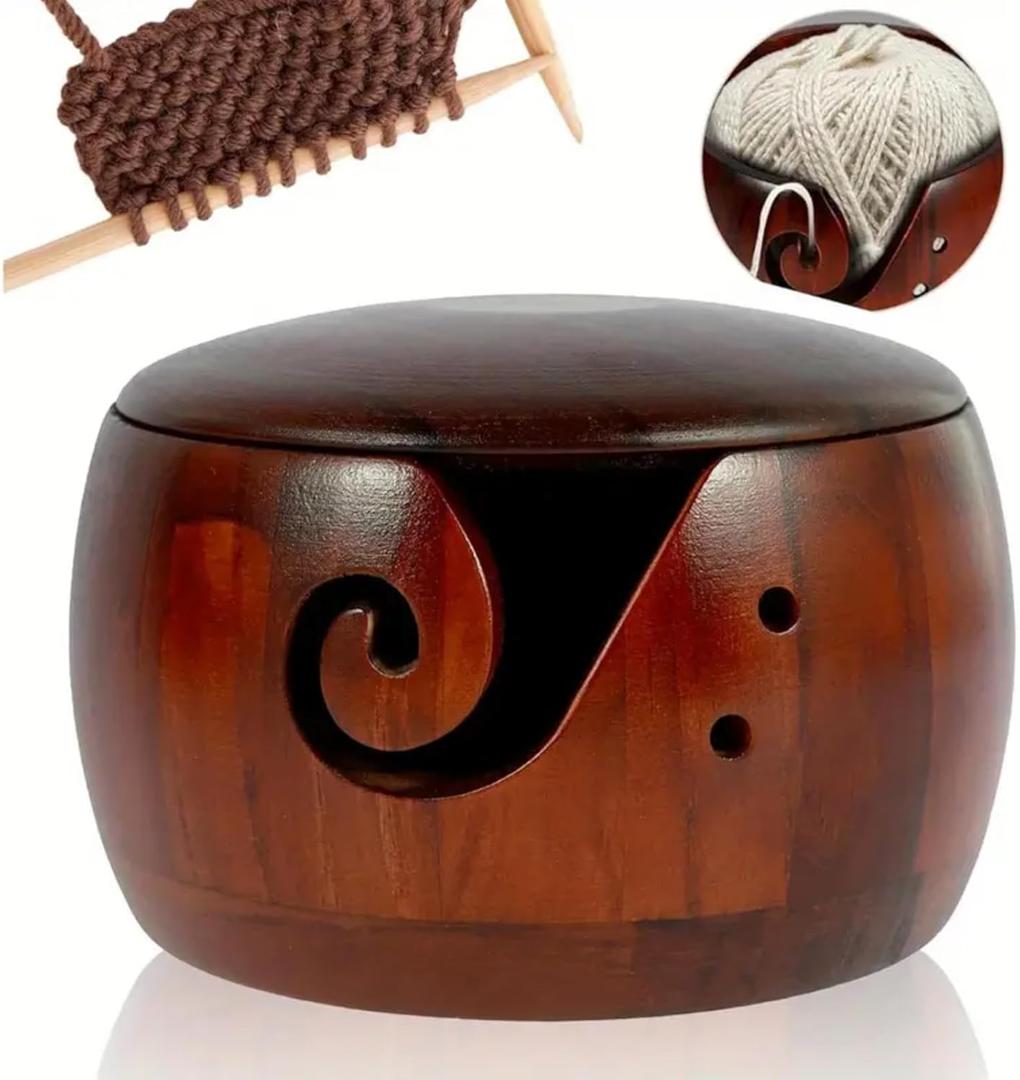 Wooden Yarn Bowl with Lid, Crochet Yarn Bowl with Holes Storage, 5.9x3.7in Knitting Bowl for Handmade Crocheting Accessories, Yarn Storage Bowls for Knitting and Crocheting