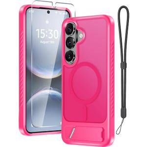 for Samsung Galaxy S26+ Plus Case with Screen Protector+Lanyard Wrist Strap,Magnetic Translucent Matte Rugged Slim Phone Cover Built in Invisible Kickstand [Fit for MagSafe],2026 Hot Pink