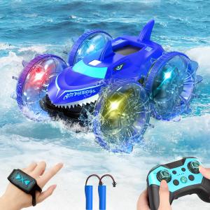 Axirata Amphibious RC Car with Lights for Kids 6-12 Year Old Girls Toy Gesture Hand Remote Control Boat 4WD 2.4GHz Waterproof RC Stunt Car 360° Rotating Water Beach Pool Toys Gift, Blue