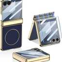 Magnetic Leather Case for Samsung Galaxy Z Flip 7 with Magnetic Hinge Protection & Built-in Screen Protector, [Support Wireless Charging ] Luxury Plating Shockproof Cover for Galaxy Z Flip 7 (Blue)