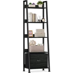 Furologee 5-Tier Ladder Shelf, Narrow Ladder Bookshelf with Drawer, 55.6Tall Industrial Bookcase Storage Rack Organizer, Freestanding Storage Shelve for Living Room, Home Office, Bedroom, Black Oak