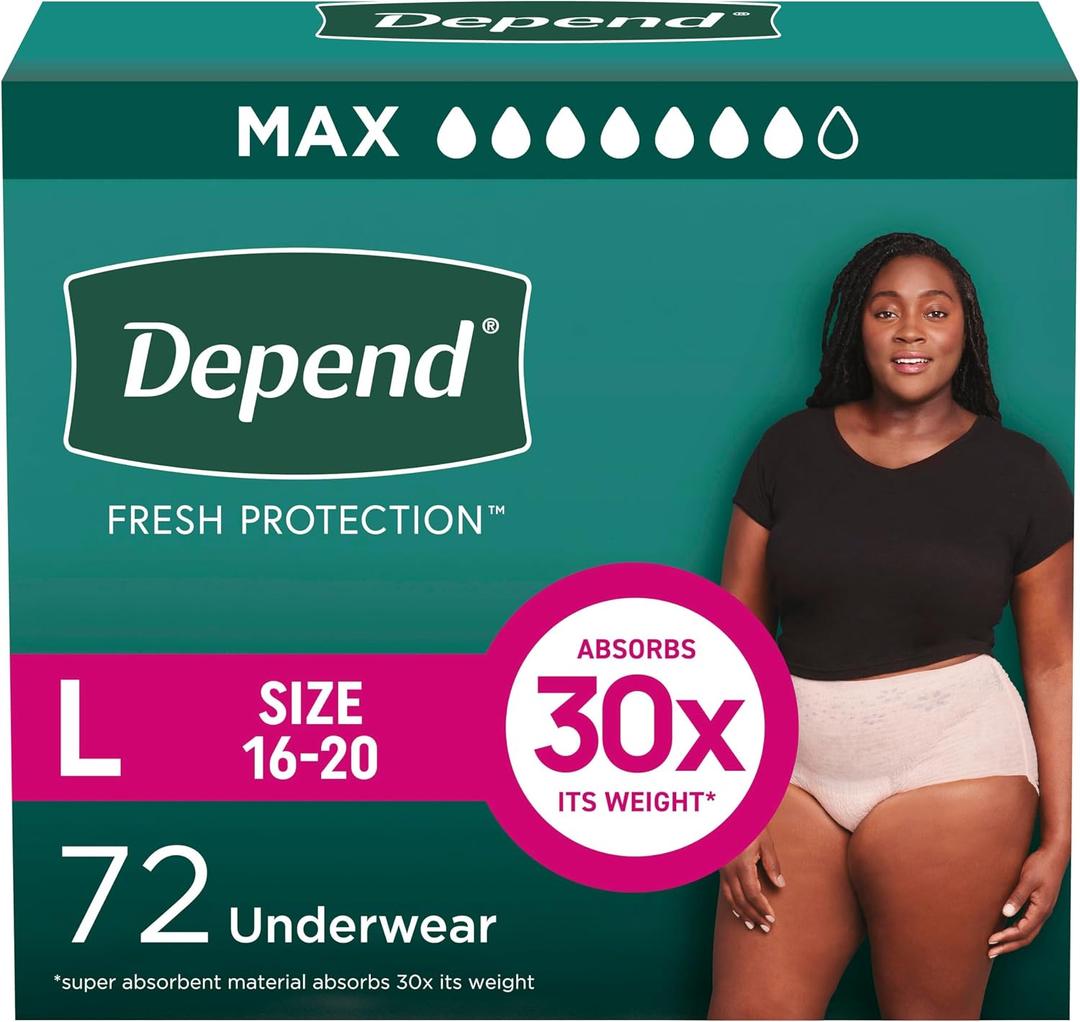 Depend Fresh Protection Adult Diapers, Incontinence & Postpartum Bladder Leak Underwear for Women, Disposable, Maximum, Large, Blush, 72 Count (2 Packs of 36)