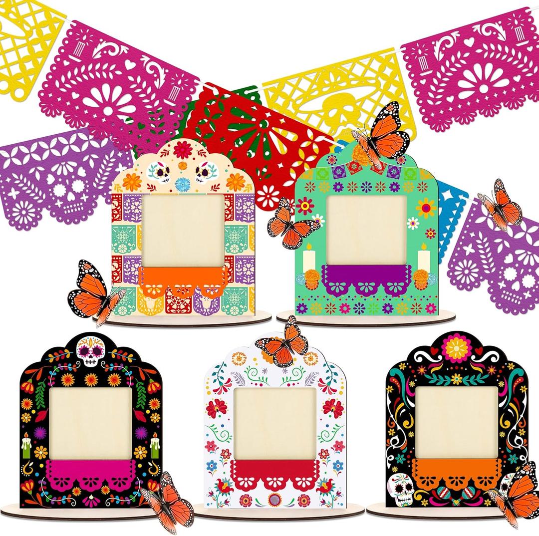 Dia De Los Muertos Decorations Wooden Picture Frames with Butterfly Papel Picado Day of The Dead Altar Ofrenda Decor Remembrance Memorial Supplies