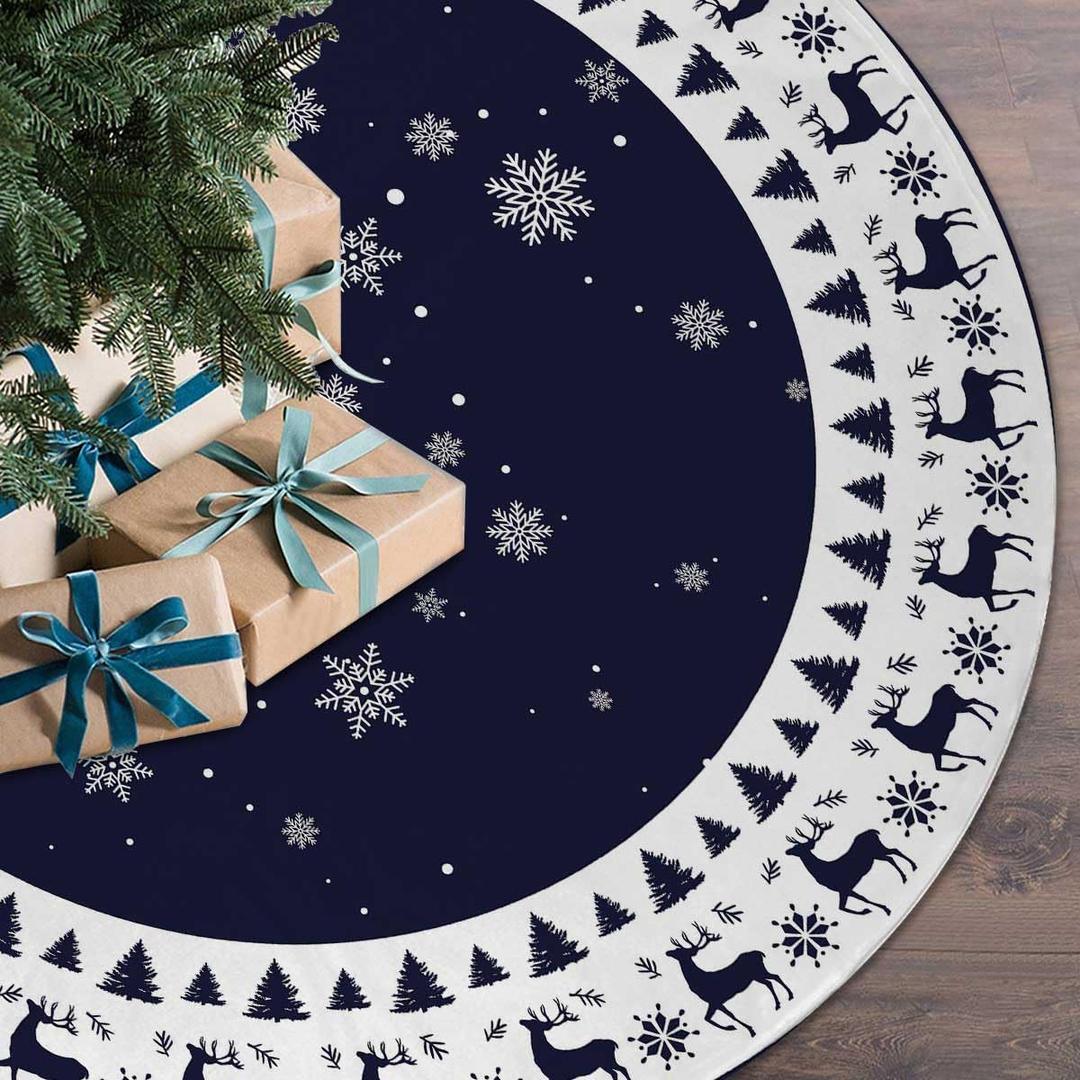 Christmas Tree Skirt 48 inches,Blue Christmas Rustic Tree Skirt Mat with Elk Deer and White Snowflake Printed for Holiday Party Xmas Tree Decoration (Blue, 48in)