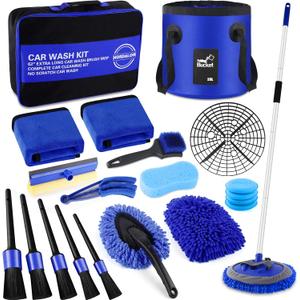 21Pcs Car Wash Kit,62" Car Wash Brush Mop with Long Handle,Car Cleaning Kit,Car Detailing Brush Set,Car Wash Bucket with Filter,Windshield Window Squeegee for Cars RV Truck Boat (Blue)