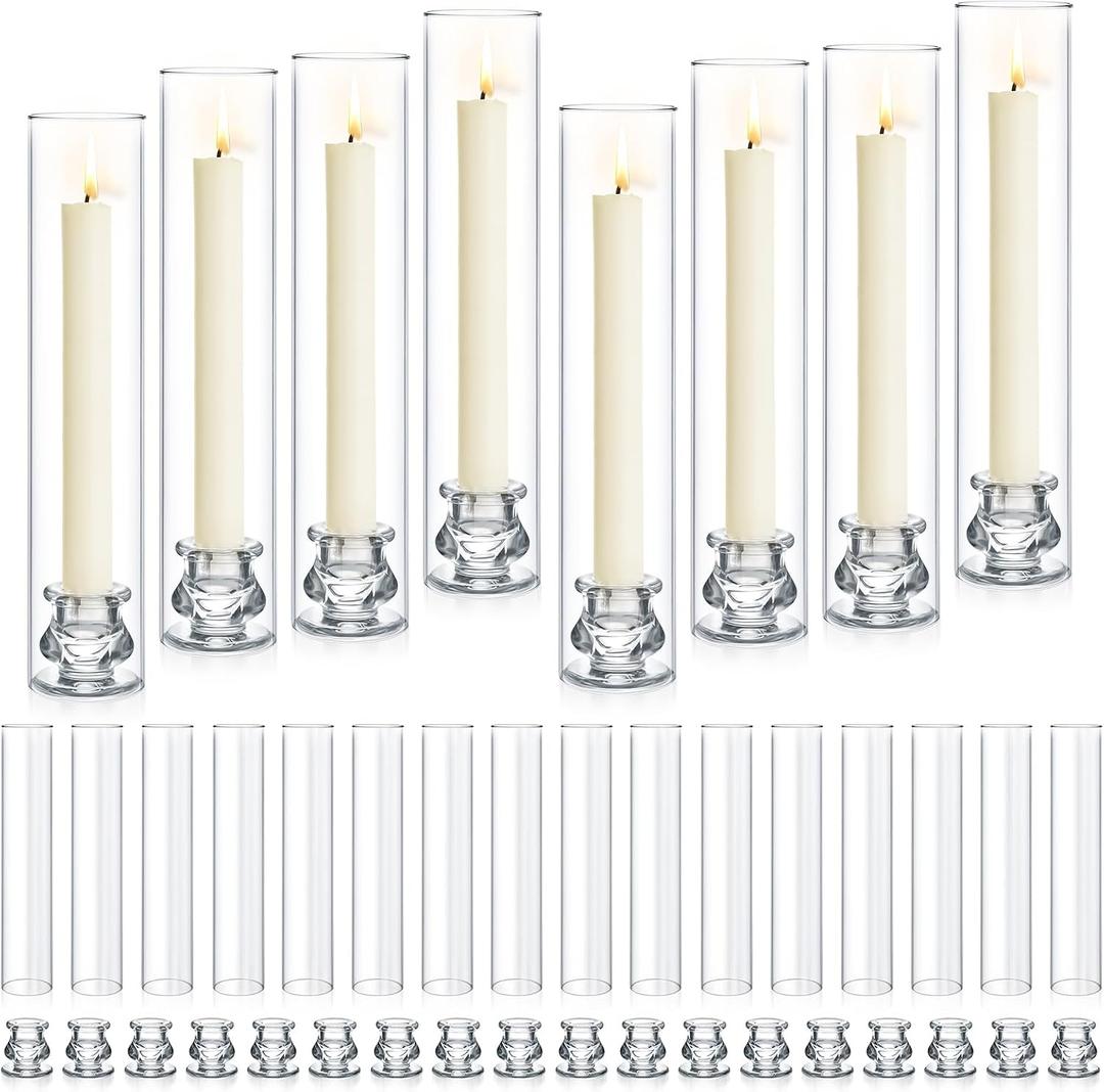 24 Set Hurricane Glass Candlestick Holders 12.6" Two Side Open Glass Candle Holders and 2.2" Taper Candlesticks Holder Bulk for Table Centerpiece Wedding Christmas Home Decor