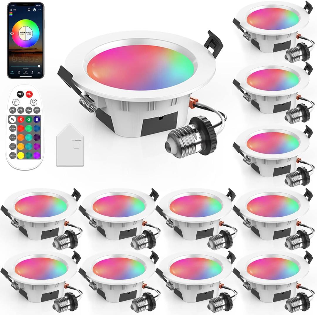 3" Smart Recessed Light 12Pack, Compatible with Alexa Google Home, WiFi & Bluetooth, RGBCW, 2700K~6500K CCT Selectable, Dimmeble, Multicolor, 3 Inch Remote Control Can-Killer LED Downlight