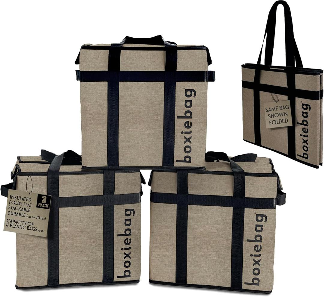 Natural - Oxford 3 Pack. Collapsible Insulated Reusable Bag Box