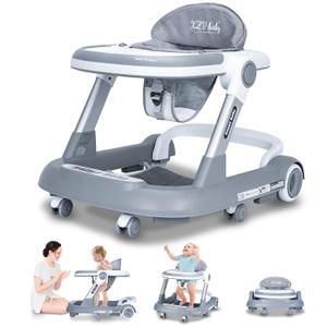 Baby Walker with Wheels 4 in 1 Foldable Activity Center with Mute Wheels Adjustable Heights Anti-Fall Activity Center for Boys Girls Safe Infant Toddler Walker with Footrest for 6-24 Months (Grey)