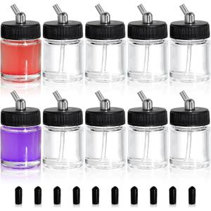 Goaste 7 Pack Glass Airbrush Bottles Kit, 22cc Empty Airbrush Jars, Transparent Airbrush Paint Storage Pot with 10pcs Cap Covers, 30° Down Angle Adaptor Lids, Fits Dual-Action Siphon Feed Airbrushes