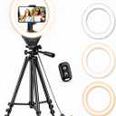 Sensyne Ring Light with Stand, 50" Phone Tripod for iPhone & Android, LED Ring Light with Remote, 3 Color Modes & 10 Brightness Levels for TikTok, Zoom & Video Recording
