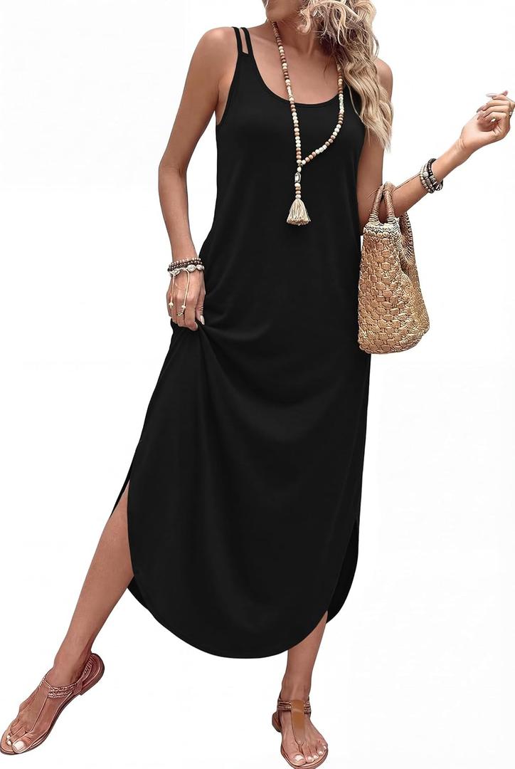 WIHOLL Summer Dresses for Women Spaghetti Strap Maxi Dress Scoop Neck Casual Boho Sundresses Beach Vacation Outfits Pockets (Black, L)
