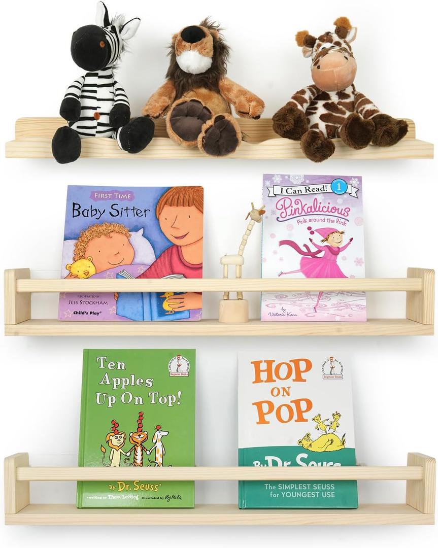 Nursery Book Shelves for Wall, 23.6 Inch Solid Wood Floating Nursery Bookshelf, Wooden Floating Shelves for Toys and Decor Storage, 23.6 Inch 2+1 Pack Natural Wood