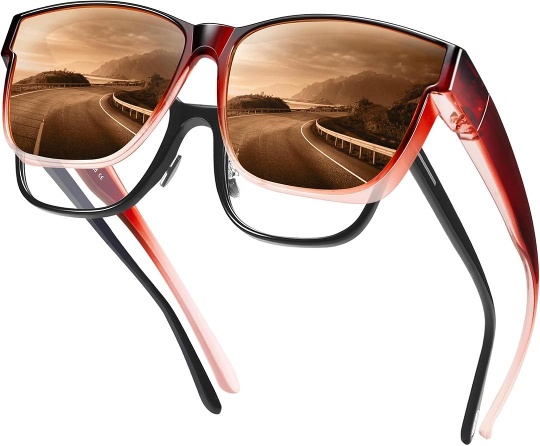 URUMQI Polarized Sunglasses Fit Over Glasses for Men Women, Oversized Square Shades UV400 Protection (11 Wine Red Gradient Frame/Brown Lens)
