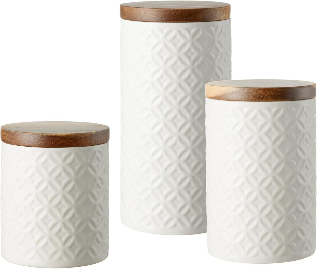 Embossed Ceramic Canister Set 3-piece Storage Jars Food Containers with Airtight Acacia Wood Lids for Kitchen Countertop or Home Deco