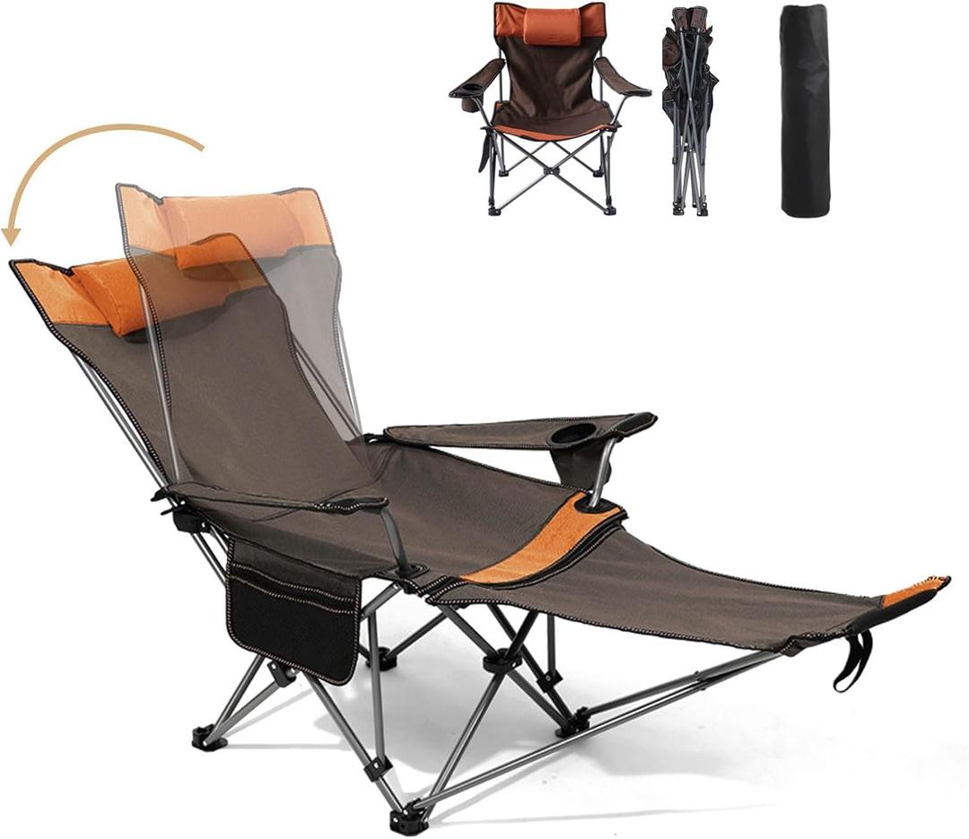 Reclining Camping Chair with Removable Footrest, Adjustable Camping Lounge Beach Chair with Padded Headrest, Cup Holder & Carry Bag, Camp Chair with Foot Rest Lawn Chair for Outdoor Patio, Orange