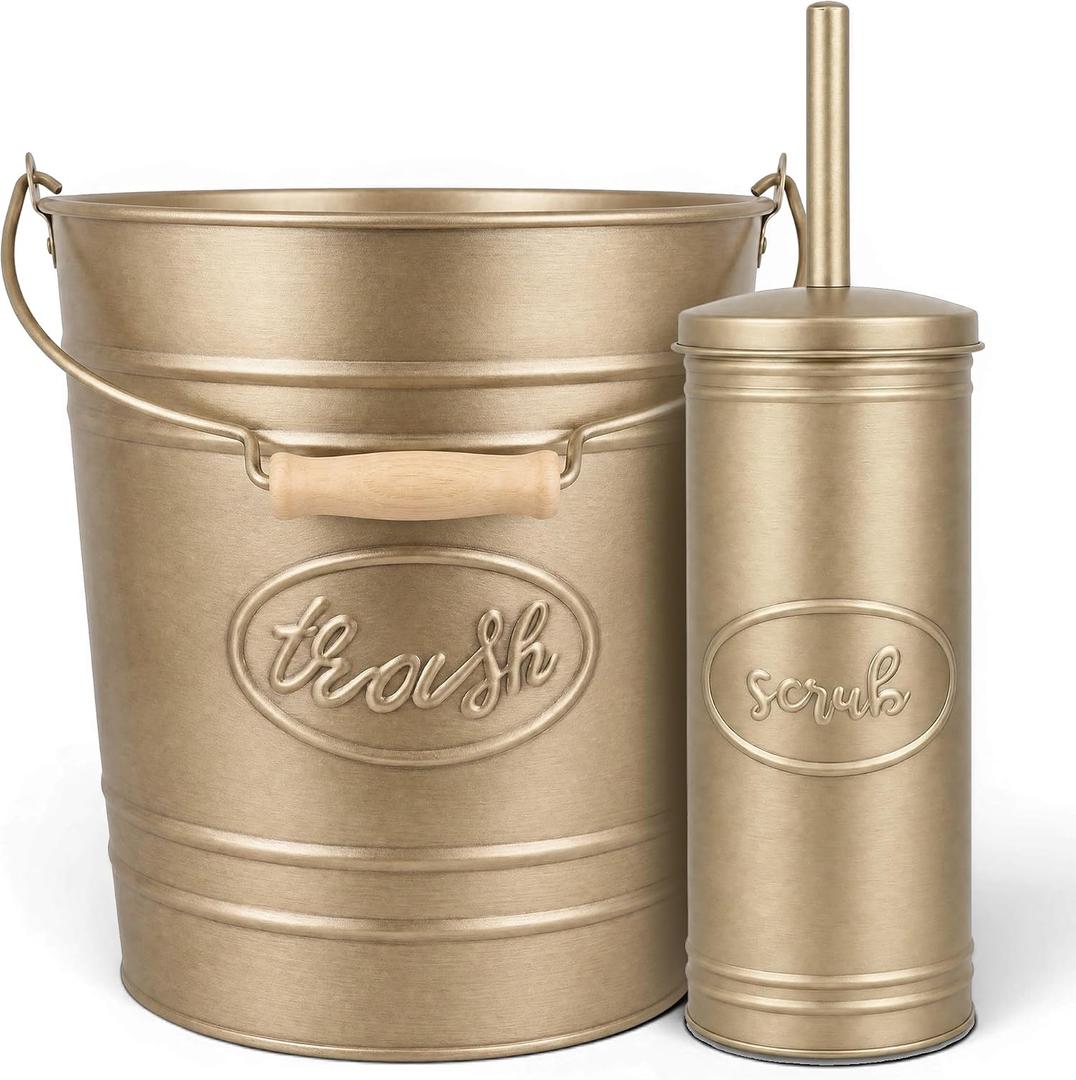 Autumn Alley Rustic Farmhouse Bathroom Trash Can and Toilet Brush Set - Rustic Bathroom Accessories for Charming Bathroom Décor, Antique Gold, 2 Gal. Capacity
