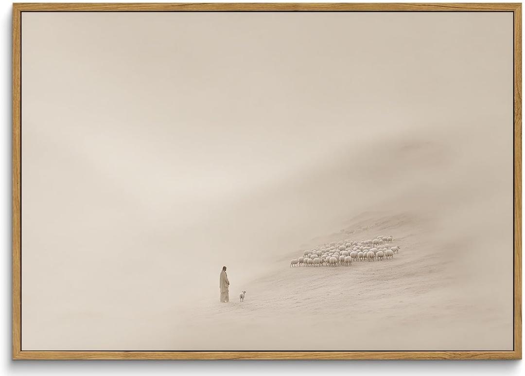 Jesus Leaves the 99 Sheep Wall Art, Modern Christian Canvas Decor Framed, 16"x24" Natural