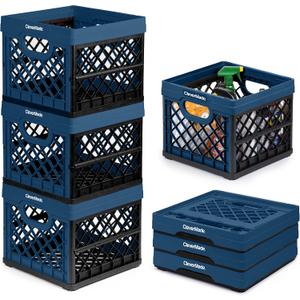 CleverMade Collapsible Milk Crate 25L (6.6 Gal) 3 Pack, 50 lb Capacity Heavy Duty Folding Crate Stackable Storage Crates with File Rails, Plastic Collapsible Crates - Ocean