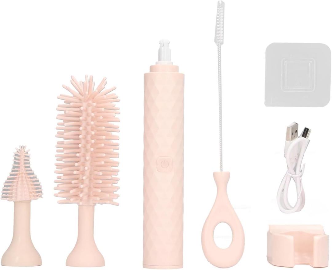 Garosa Electric Bottle Brush Electric Cleaning Brush Set Bottle Brush Pacifier Brush Straw Brush Pacifier Cleaning 2 Speeds Rotating Silicone (Pink)