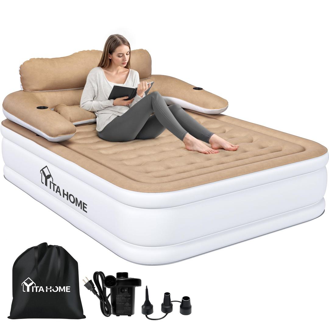 YITAHOME Queen Size Air Mattress with Headboard and Built-in Pump, 18in Blow Up Mattress with Carry Bag, and Nozzles for Home, Camping, and Travel