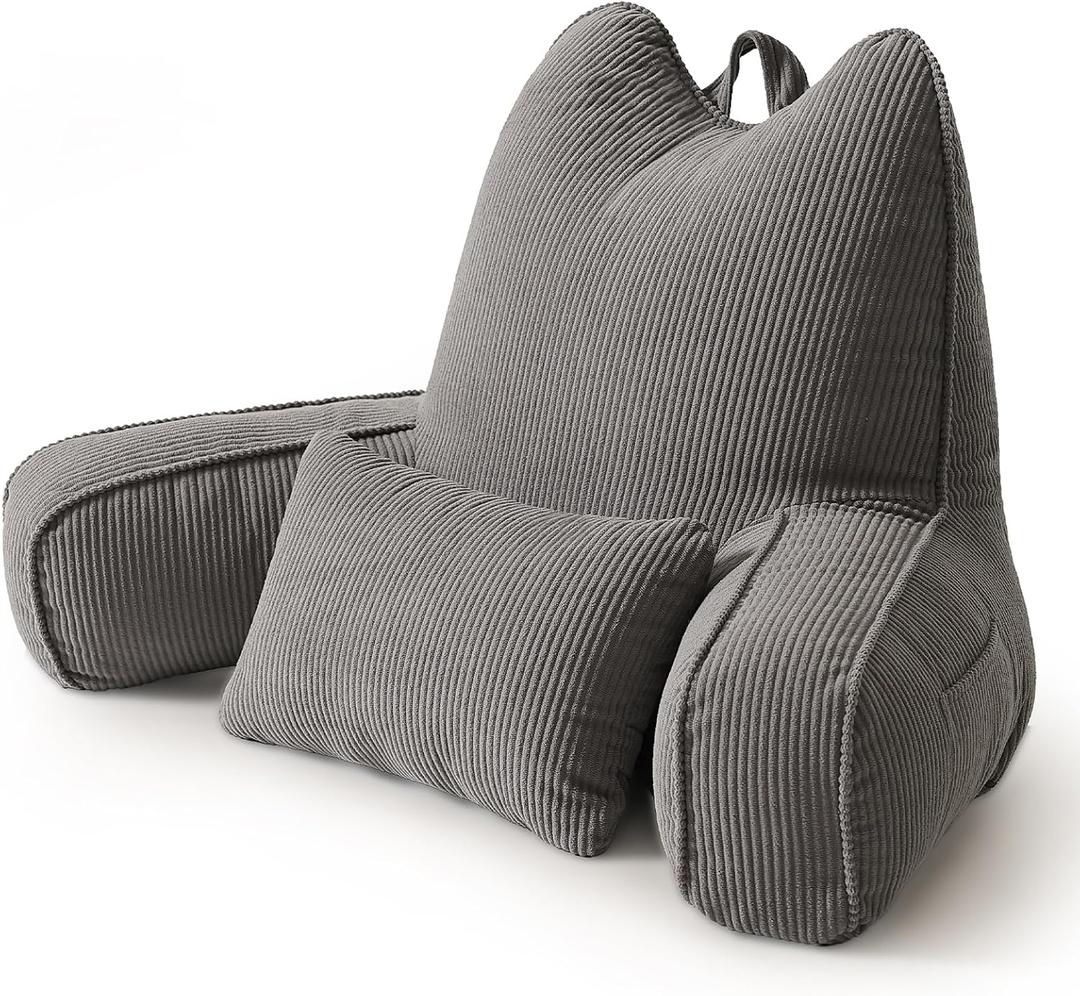 Patented Design Corduroy Reading Pillow with Arms, Ergonomic Bed Rest Pillow with Extra Lumbar Pillow for Sitting in Bed or Couch, Upper Back Support for Reading & Relaxing, Dark Grey, Large