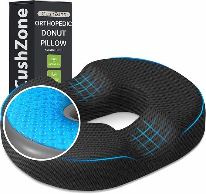 Donut Pillow Seat Cushion - Cooling Gel Outdoor Chair Cushions, Memory Foam Seat Cushion for Office & Home, Car Seat and Patio Furniture Cushions, Hemorrhoids Pillow and Tailbone Pain Relief, Black