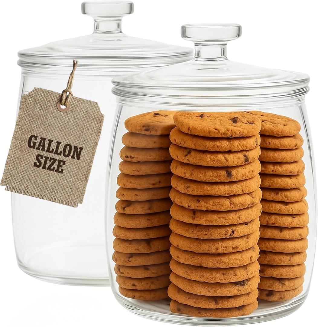 kitchentoolz 1 Gallon Glass Cookie Jar with Lid  Set of 2 Large Glass Jars with Lids for Cookies, Candy, Flour, Sugar, Pet Treats  Clear Glass Canisters for Food Storage - Pack of 2
