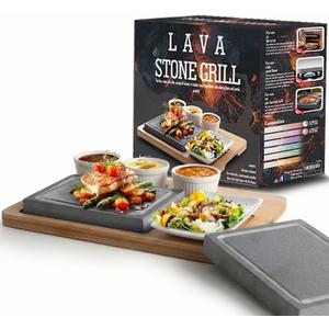 Artestia Hot Stone Grill Set for Steak, 2 Pcs Lava Rock Cooking Stones with Bamboo Serving Tray, 3 Sauce Bowls & Plate, Tabletop Steak Stone BBQ Grill for Indoor Outdoor Dining, 8.46 x 6.49 in